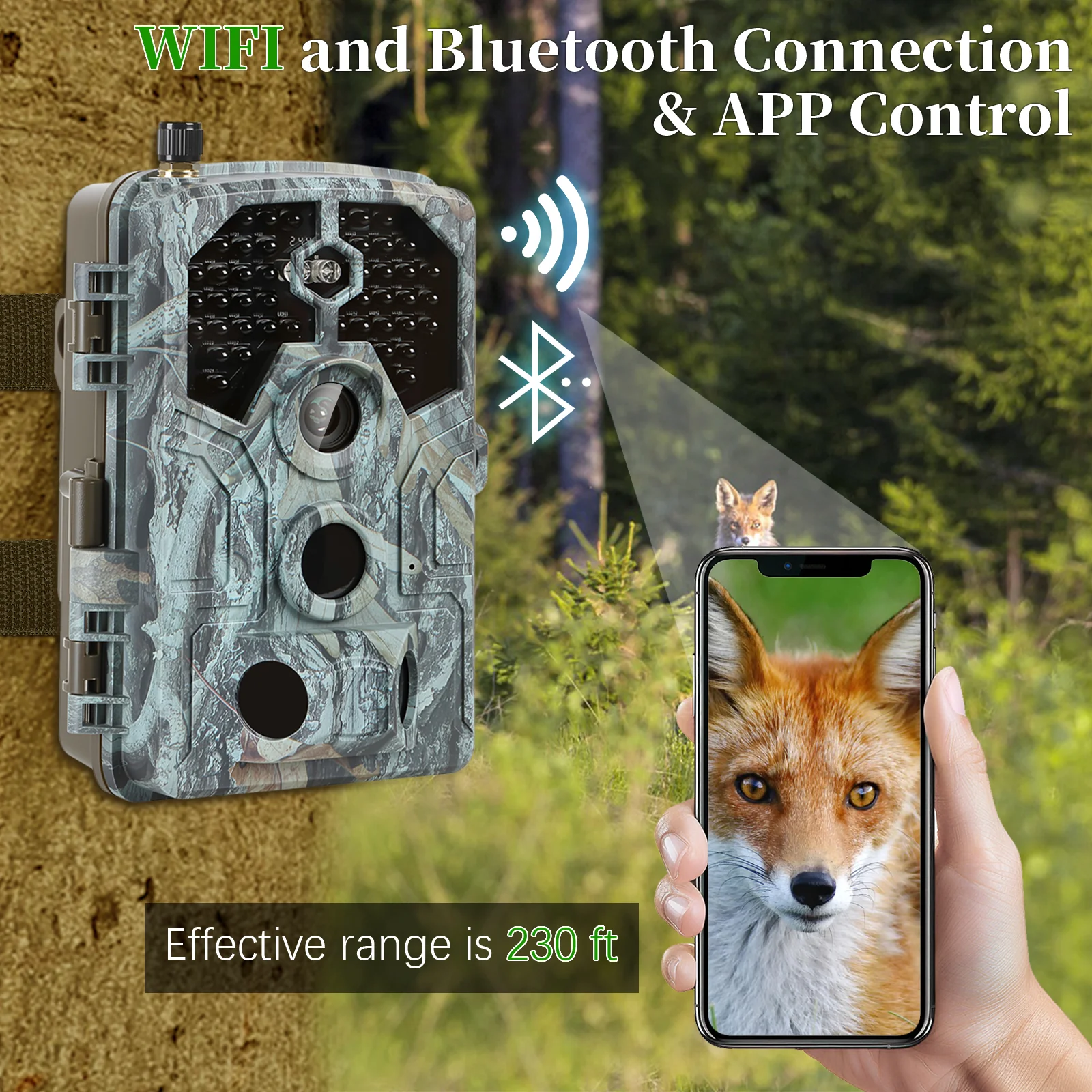A106W 4K WIFI 64MP Trail Camera 100ft Night Vision Motion Activated 0.1S Trigger Speed No Glow Waterproof for Wildlife Observing & Backyard Security - Image 3