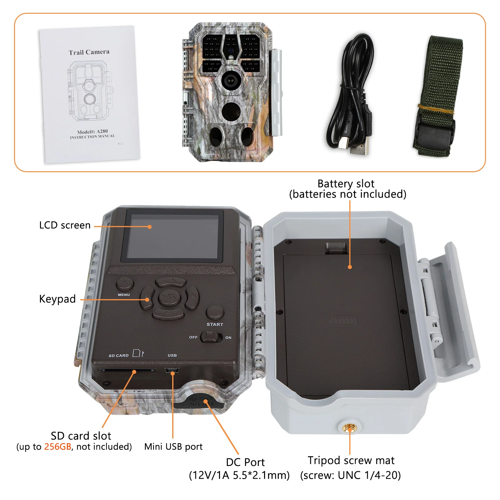 Trail Game Deer Cameras A280 64MP Photo 2304x1296P Full HD Video 100ft Night Vision No Glow 0.1S Trigger Motion Activated Waterproof - Image 7
