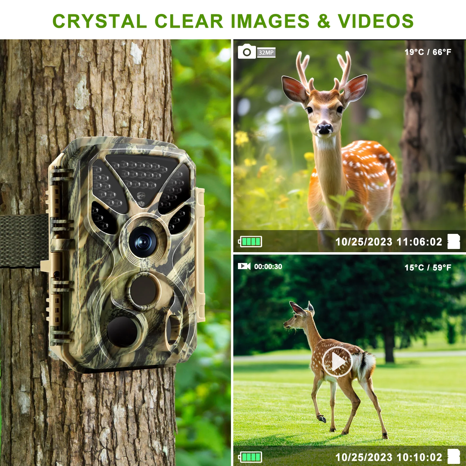 2-Pack 4K 2160P/ 30fps video 32MP photo Trail camera with audio and motion detector Night vision max. distance up to 100ft, 0.1s trigger speed, Waterproof IP66 | T326 Green - Image 7