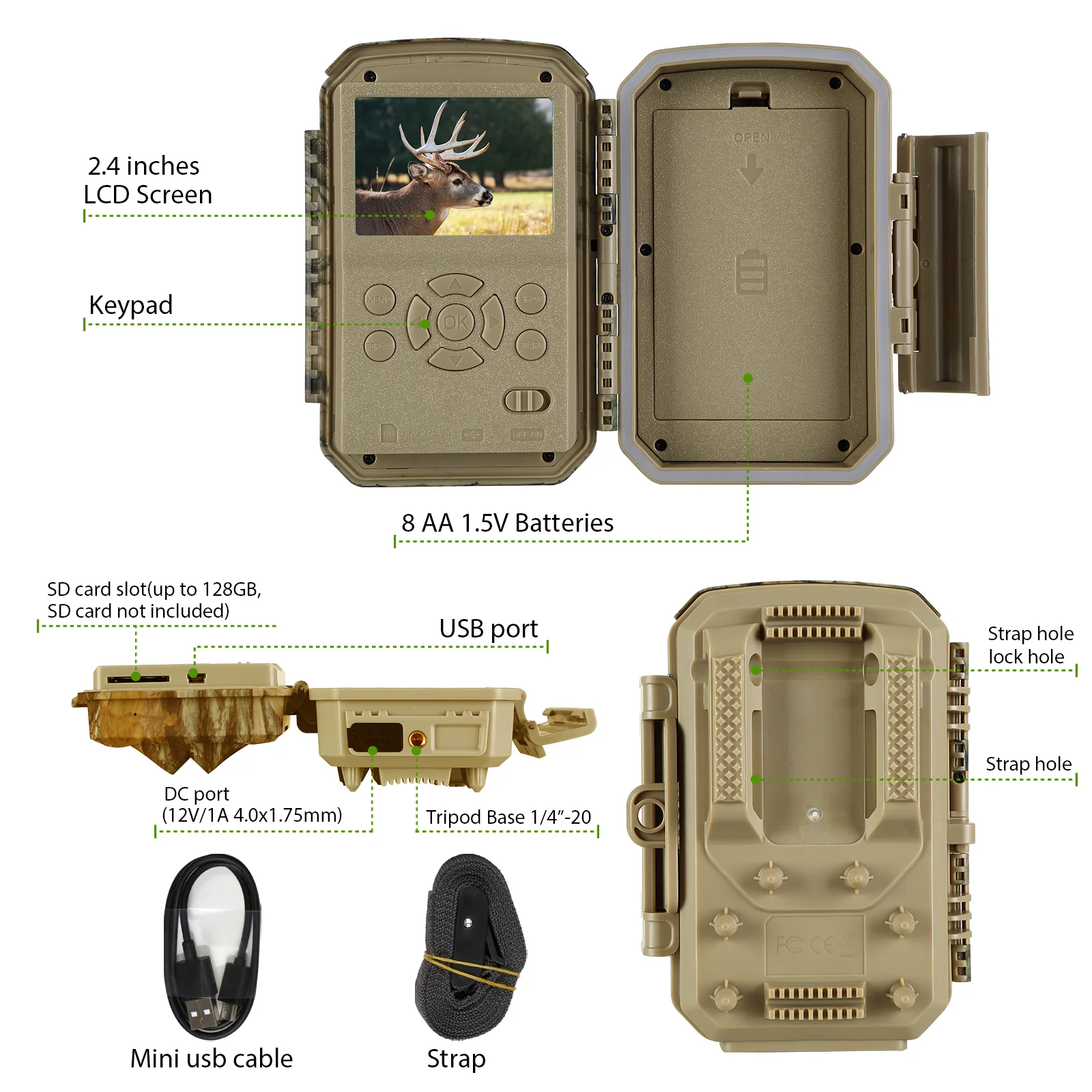4K 2160P 30fps Video 32MP Photo Trail camera with audio and motion detector Night vision max. distance up to 100ft, 0.1s trigger speed, Waterproof IP66 | T326 Green - Image 8